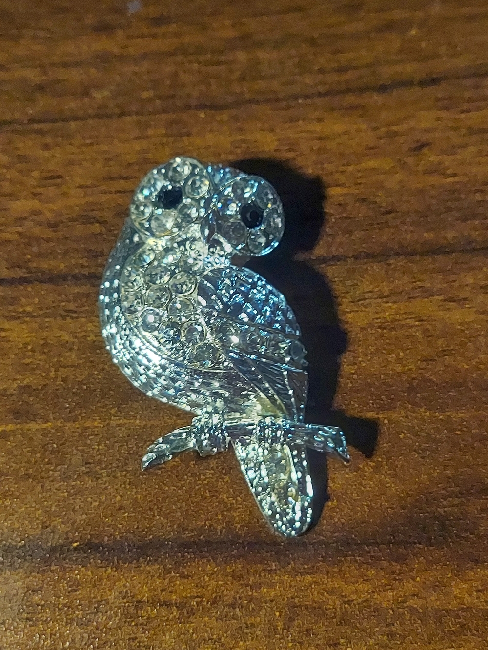 Vintage Crystal Rhinestone Wise Owl on Branch Brooch Silver Tone 2.25”
